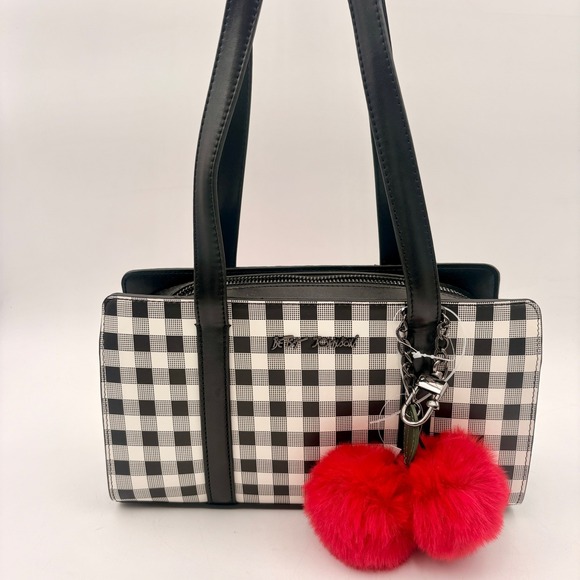 Betsey Johnson Handbags - Betsey Johnson XOMACK Black White Gingham Satchel Bag with Red Cherry Pom Poms